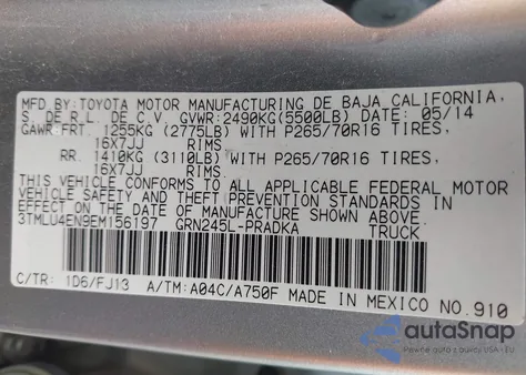 2014 Toyota Tacoma Base V6 z USA, uszkodzony, nr VIN 3TMLU4EN9EM156197